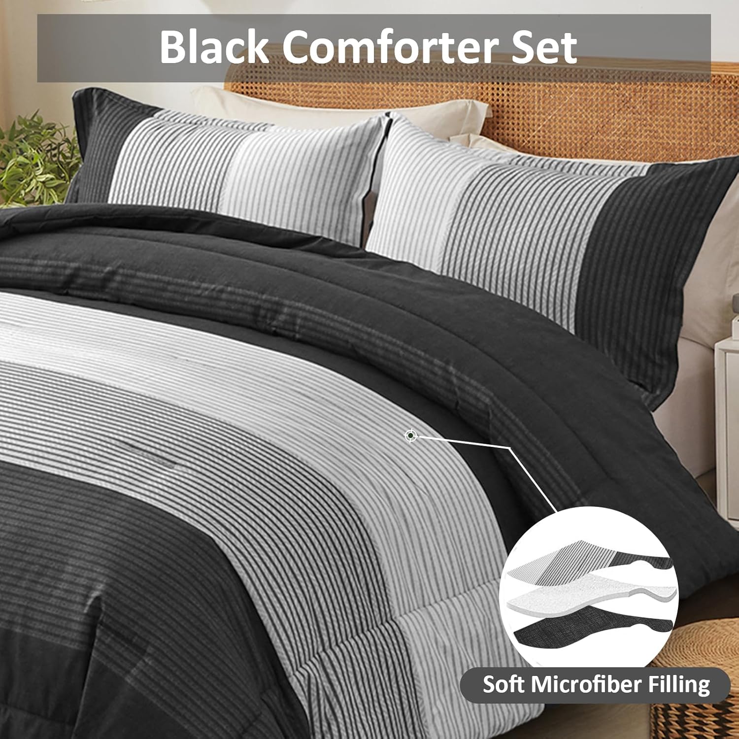 WONGS BEDDING Black Comforter Set Queen, Reversible Black Grey Stripe Down Alternative Comforter for All Season,3 Pieces(1 Patchwork Comforter+2 Pillowcases), Soft Microfiber Bedding Set 90"×90" - Image 4