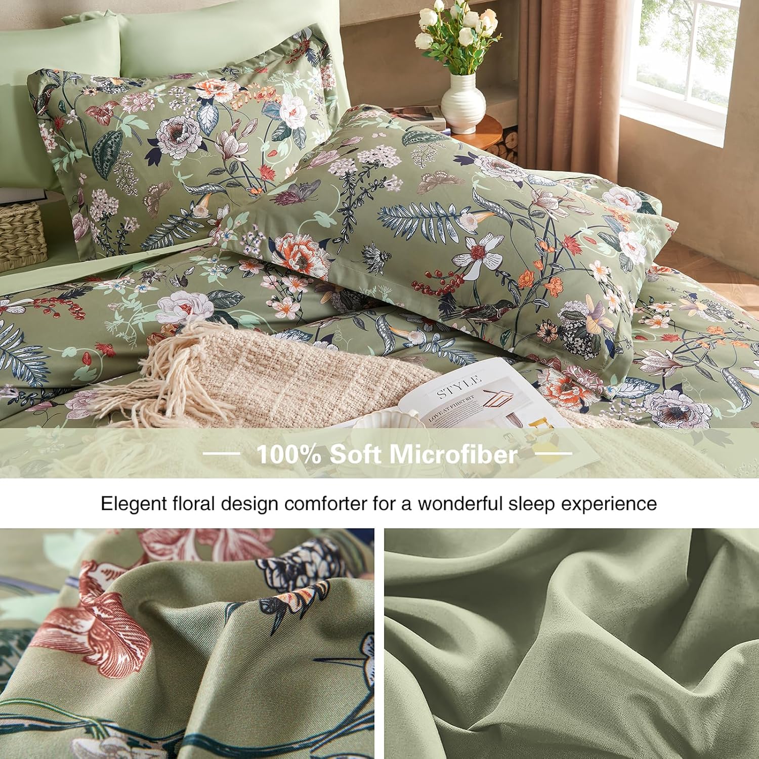 7 Piece Queen Comforter Set, Sage Green Butterfly Floral Comforter Set with Flowers Leaves Pattern, Soft Microfiber Complete Bedding Set for All Season(Sage Green, Queen) - Image 6