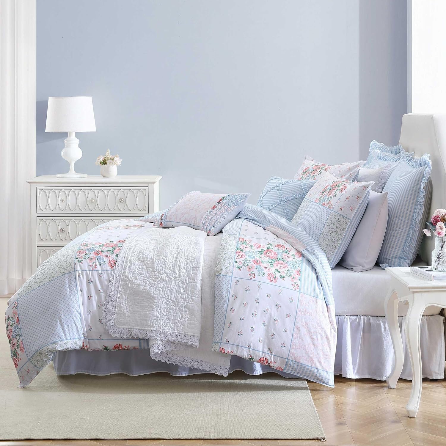 Laura Ashley - Queen Comforter Set, Soft Cotton Bedding with a Medium Weight for Year Round, 7 Piece Bed Set with Matching Pillowcases, Euro Shams & Bonus Throw Pillow Covers (Hope Patchwork Blue) - Image 3