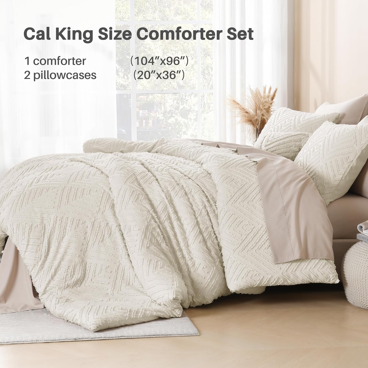 Litanika California King Comforter Set Beige, 3 Pieces Cream Tufted Boho Farmhouse Bedding Comforter Sets, Lightweight Fluffy Comforter Bed Set for All Season (104x96In Comforter and 2 Pillowcases) - Image 6