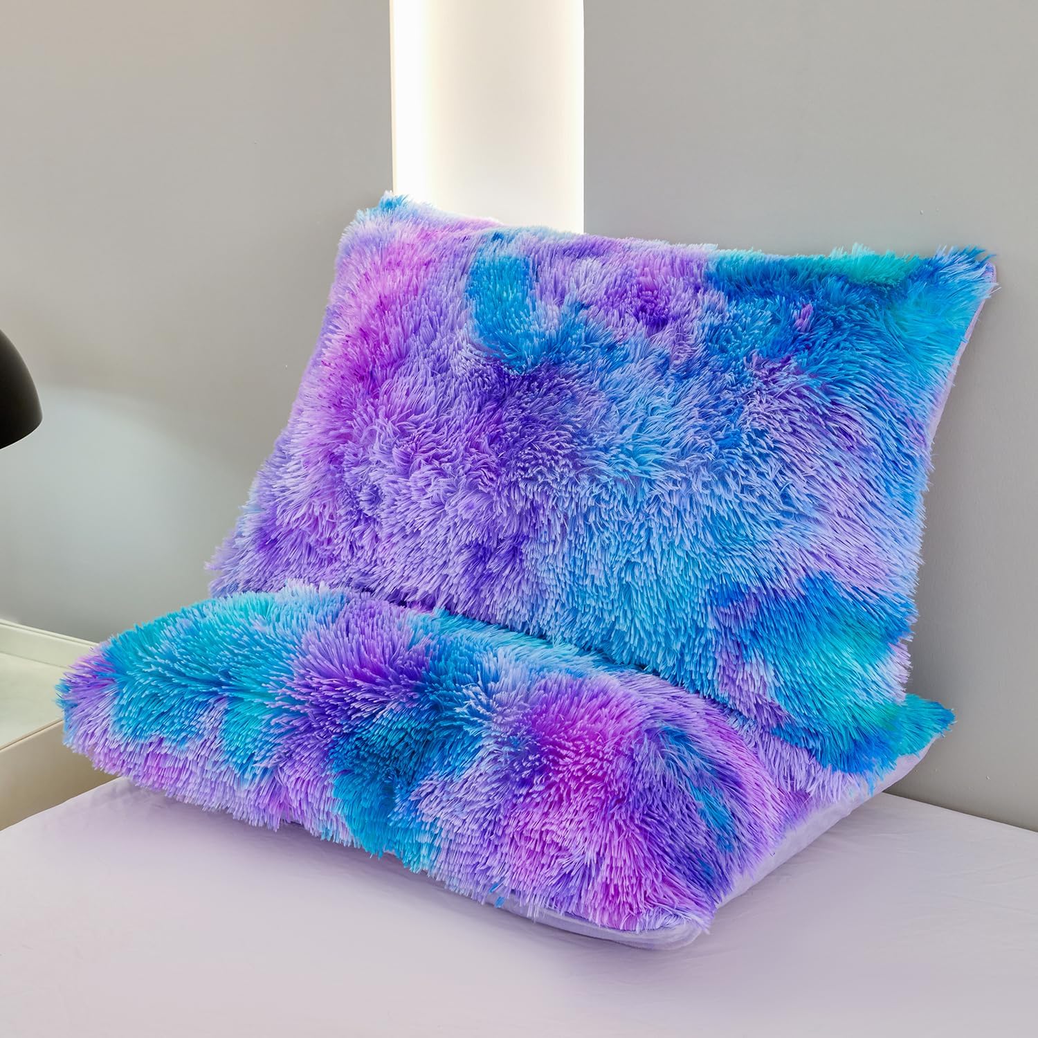 SUCSES Blue Purple Fluffy Twin Bedding Sets for Girls 3Pcs Faux Fur Plush Shaggy Kids Duvet Cover Set Twin Size Tie Dye Velvet Furry Comforter Cover Set - Image 5