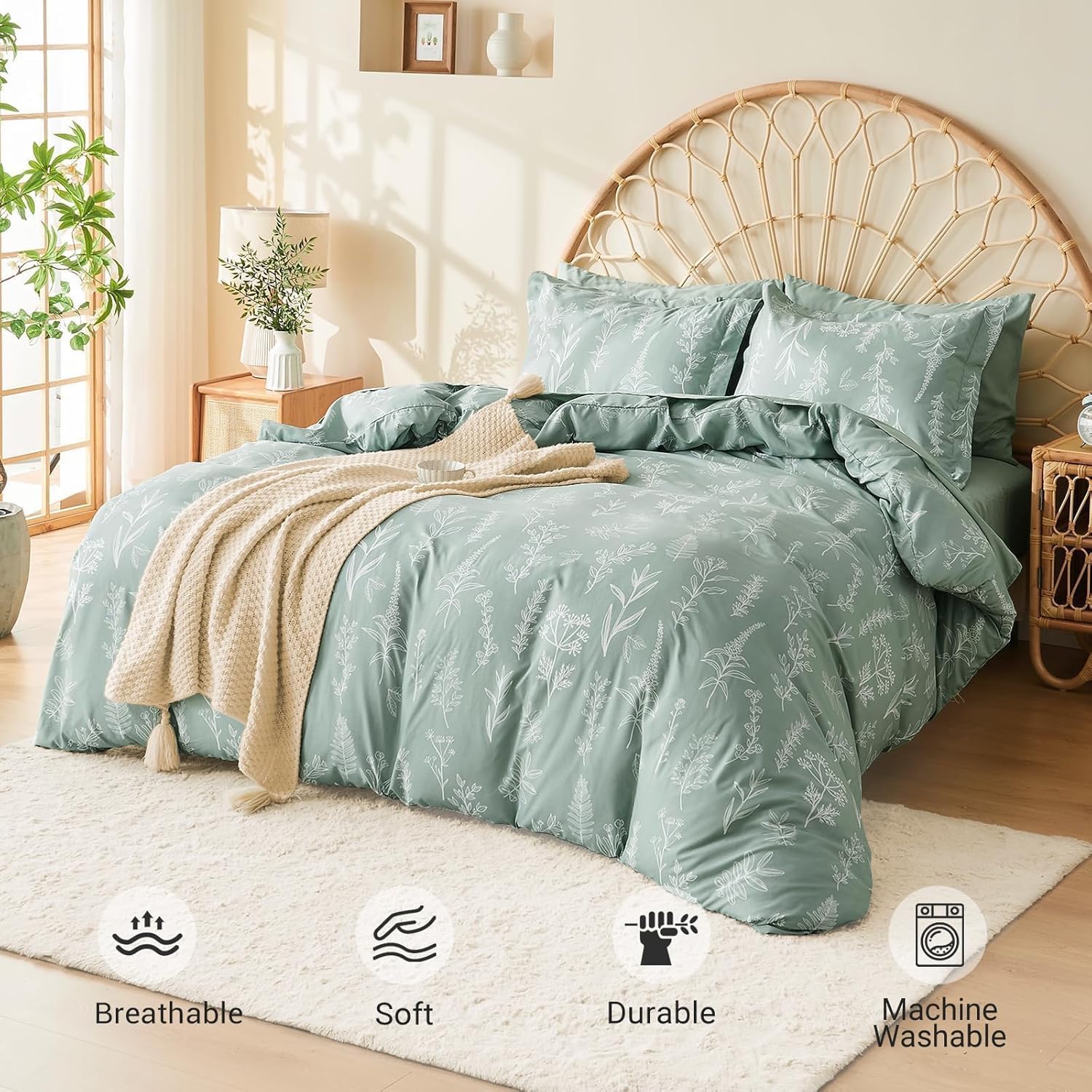 MUXHOMO Bed in a Bag Queen 7 Pieces, Sage Green Queen Comforter Set Reversible Botanical Flowers Design, Ultra Soft & Breathable Bedding Sets with Comforter, Sheets, Pillowcases & Shams - Image 2