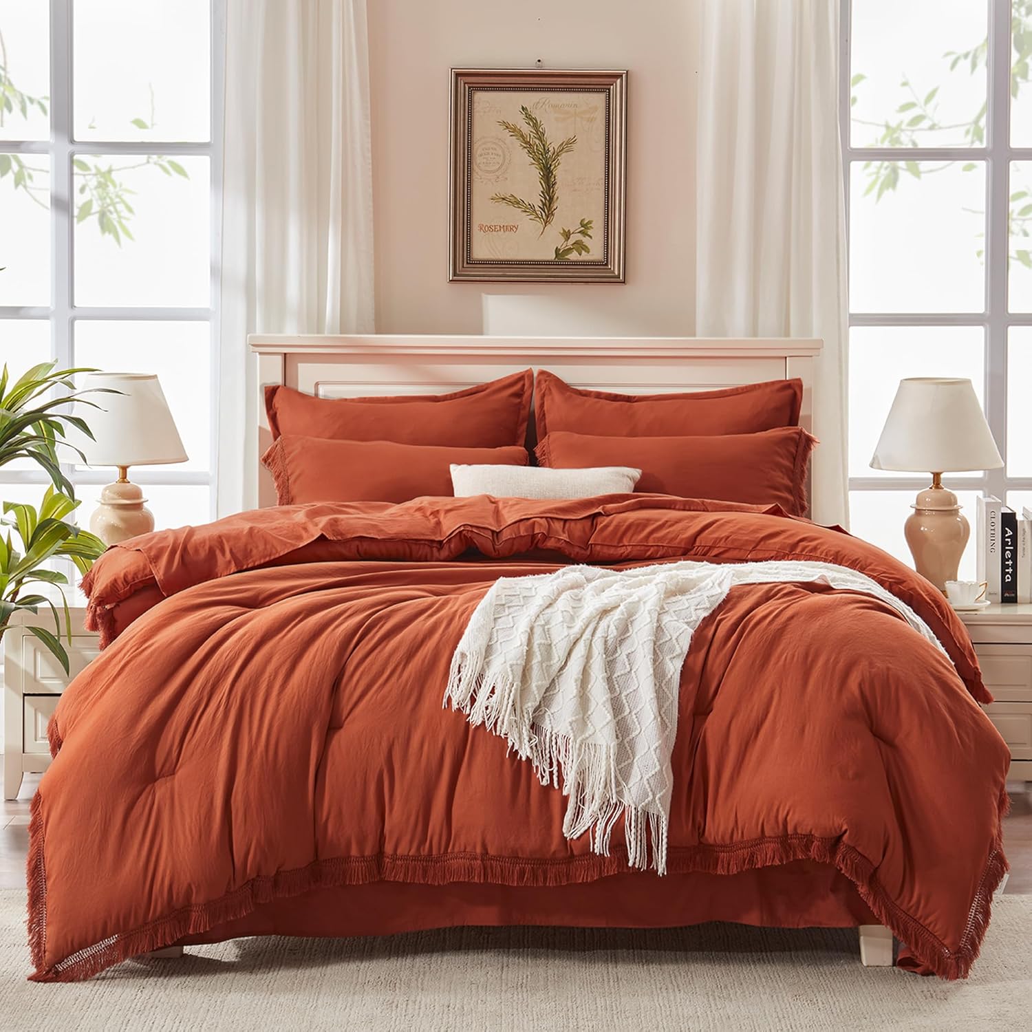 Andency Queen Comforter Set with Sheets Burnt Orange - 7 Pieces Boho Tassel Bed in a Bag Soft Lightweight Bedding Sets, Terracotta Rust Fringe Bed Set with Comforter, Sheets, Pillowcases & Shams - Image 4