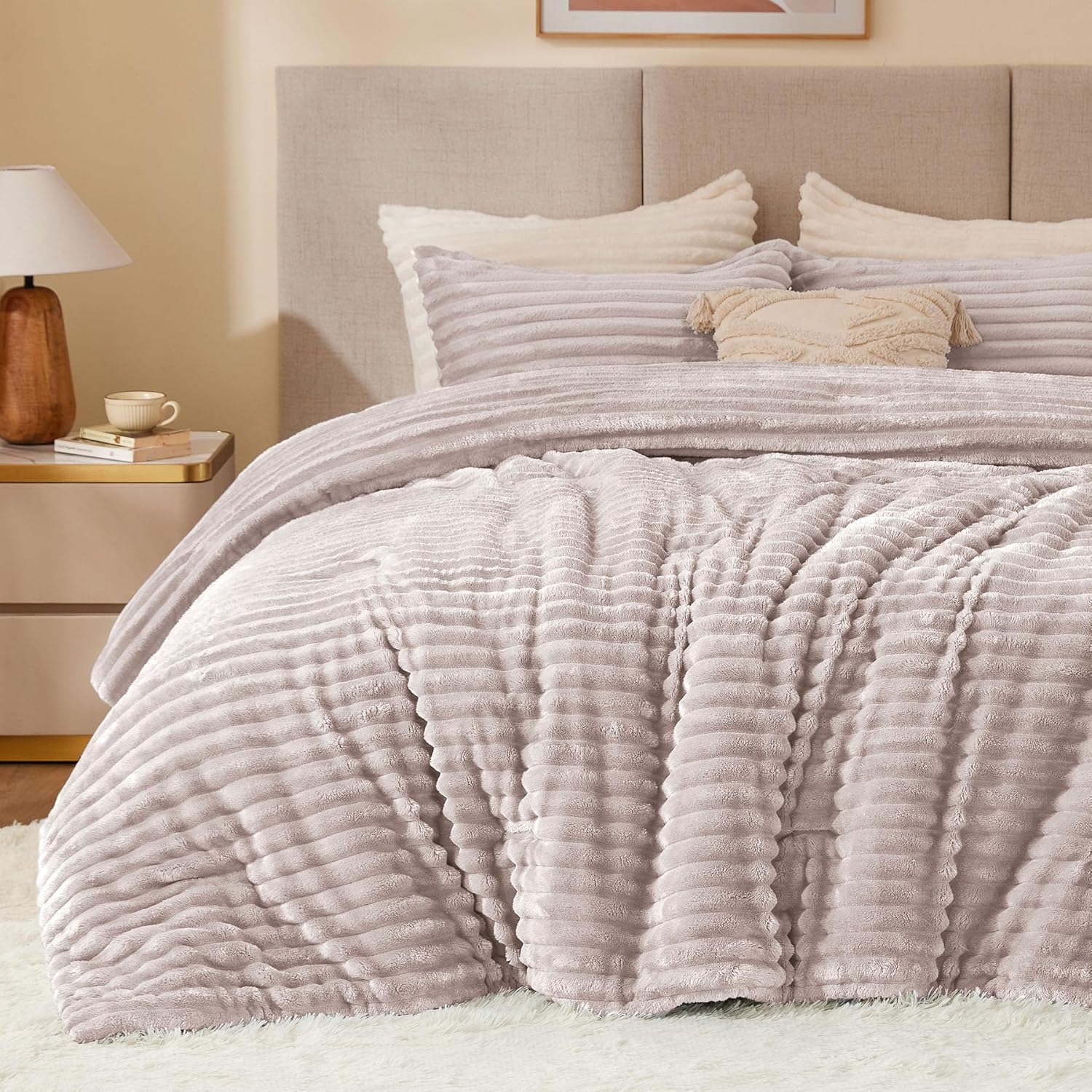 BEDELITE Fleece Queen Comforter Set -Super Soft & Warm Fluffy Cream White Bedding, Luxury Fuzzy Heavy Bed Set for Winter with 2 Pillow Cases - Image 41