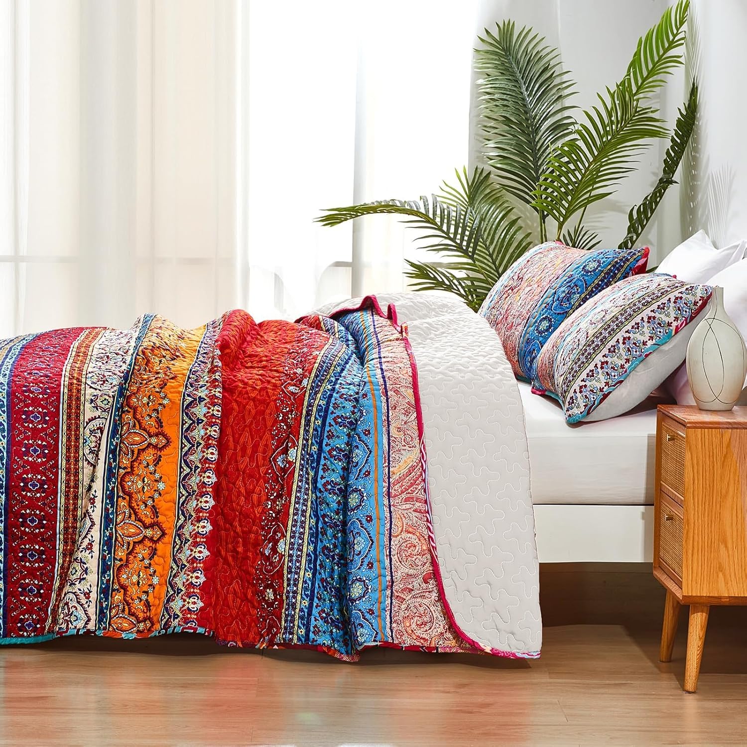 WONGS BEDDING Bohemian Quilt Set King Size, Boho Striped Printed Bedding Bedspread Coverlet Set for All Season, Lightweight Microfiber Quilts with 2 Pillowcases 104"x90" (3 Pieces, Colorful) - Image 5