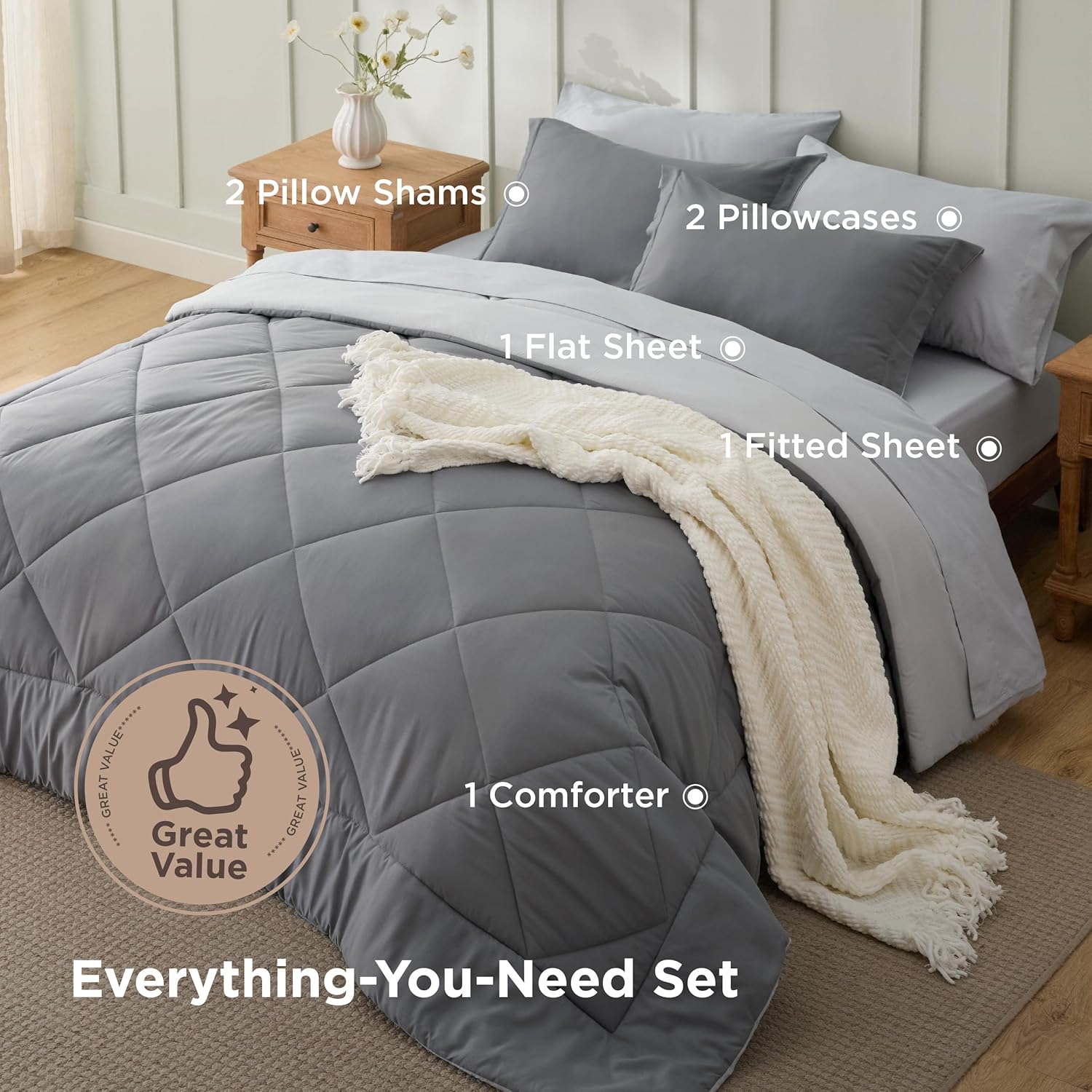 Bedsure Queen Comforter Set - 7 Pieces Reversible Grey Bedding, Queen Size Bed Set for All Seasons, Bed in a Bag with Down Alternative Comforter, Sheets, Pillowcases & Shams - Image 3