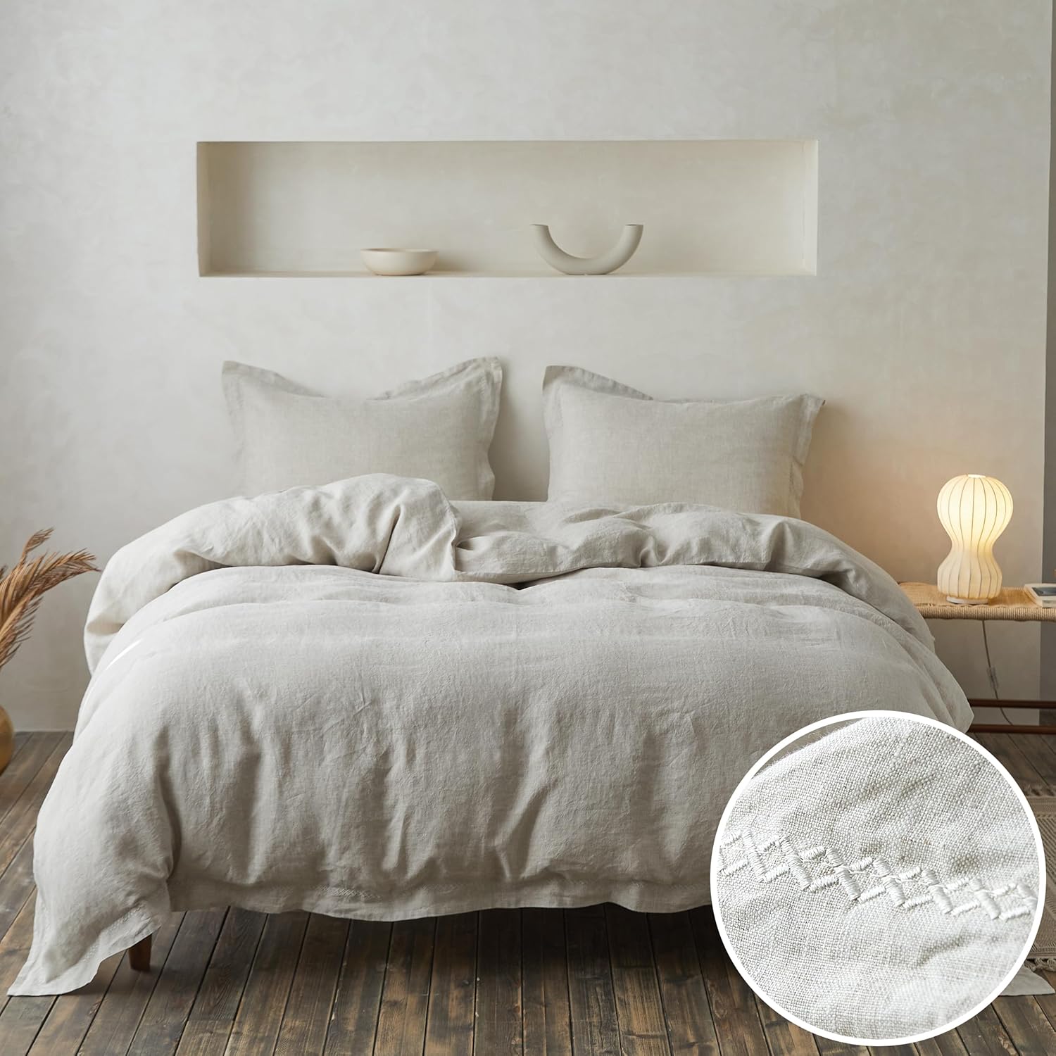 Simple&Opulence 100% Linen Duvet Cover Set with Embroidery Washed - 3 Pieces (1 Duvet Cover with 2 Pillow Shams) with Button Closure Soft Breathable Farmhouse - Linen, King Size - Image 14