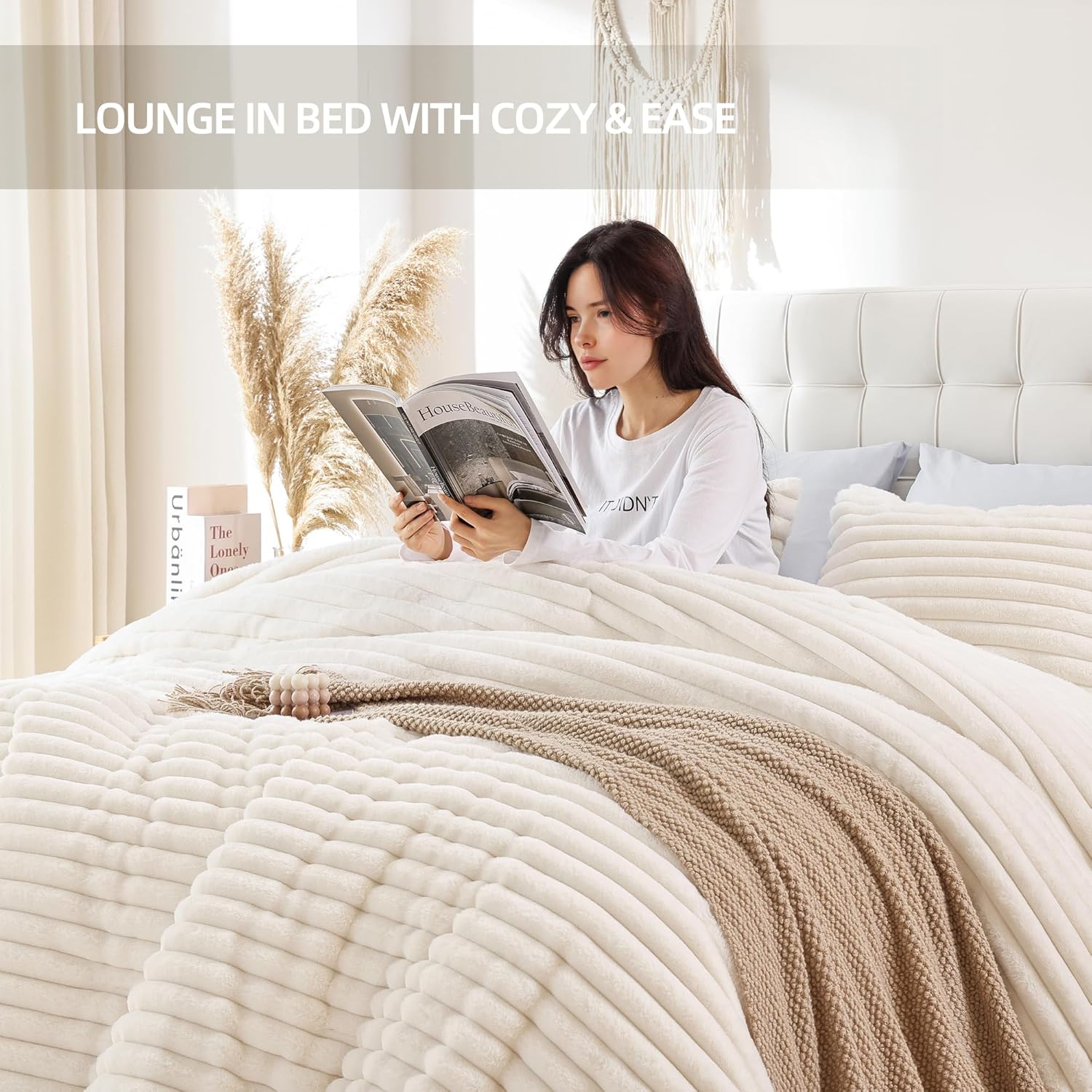 Smoofy Fluffy Queen Comforter Set 3 Pieces - Cream White Fleece Fluffy Comforter Set, Luxury Fuzzy Queen Bedding Set, Soft Warm Bed Set All Season, Heavy Faux Fur Comforter with 2 Pillow Cases - Image 6