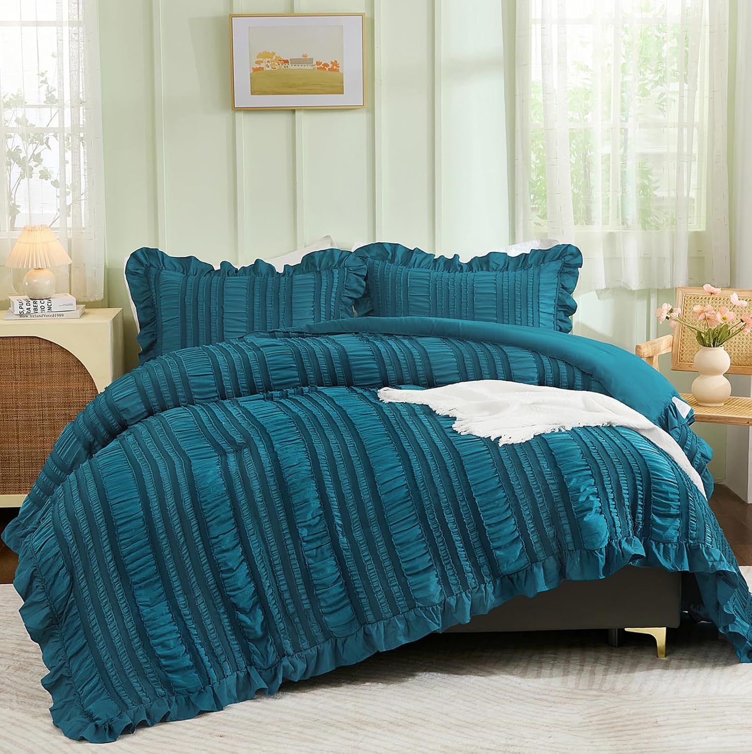 WONGS BEDDING Beige Ruffle Queen Comforter,Boho Shabby Chic Bedding for Queen Bed,Soft Seersucker Farmhouse Bedding Set with 1 Ruffled Comforter,2 Tufted Pillowcases 90"×90" - Image 19