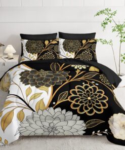7pc Queen Comforter Set: Black & Gold Floral Bed in a Bag, Elegant Bedding with Sheets, Soft Microfiber, All Season Flower Design