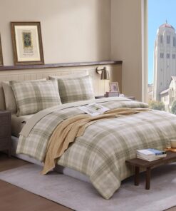 Full Size Comforter Sets, Khaki Green Plaid Bedding Set 7 Piece for Boys Girls Teen, Classic Homestead-Style Kids Comforter Set Bed in A Bag with Sheets, Pillowcases & Shams