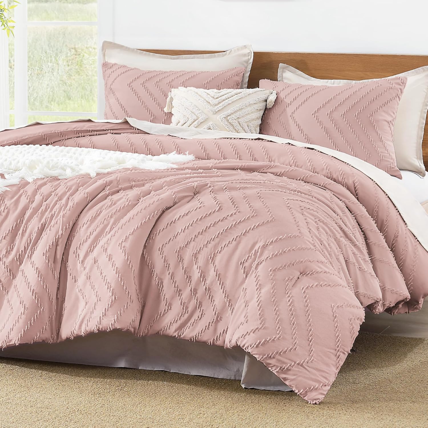 Litanika Queen Comforter Set Beige, 3 Pieces Lightweight Comforters Queen Size Chevron Tufted Bedding Comforter Set, Fluffy Bed Set - Image 9