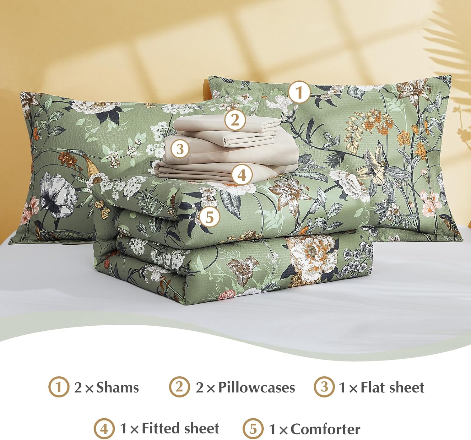 CASAAGUSTO Queen Comforter Set, 7 PCS Green Butterfly Floral Comforter Set with Flowers Leaves Pattern, Soft Seersucker Design All Season Queen Size Bedding Set(90"X90") - Image 6
