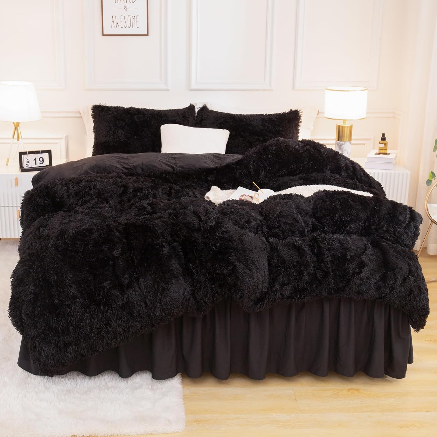 Andency Queen Comforter Set Black, Fluffy Winter Faux Fur Warm Soft Plush Bedding Comforter Set (1 Velvet Comforter & 2 Pillowcases), Fuzzy Thick Heavy Puffy Comforters Bed Set - Image 5