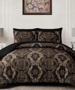 WONGS BEDDING Black Comforter Set Queen Size, Gold Damask Texture 7 Pieces Bed in a Bag Microfiber Comforter Bedding Sets -1 Comforter, 1 Flat Sheet, 1 Fitted Sheet, 2 Pillow Shams, 2 Pillowcases