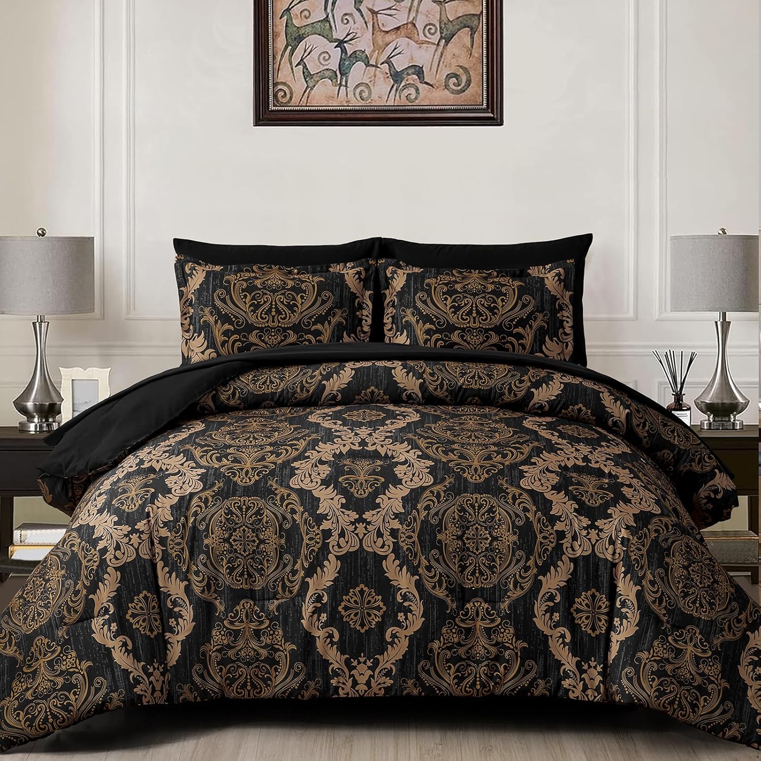 WONGS BEDDING Black Comforter Set Queen Size, Gold Damask Texture 7 Pieces Bed in a Bag Microfiber Comforter Bedding Sets -1 Comforter, 1 Flat Sheet, 1 Fitted Sheet, 2 Pillow Shams, 2 Pillowcases