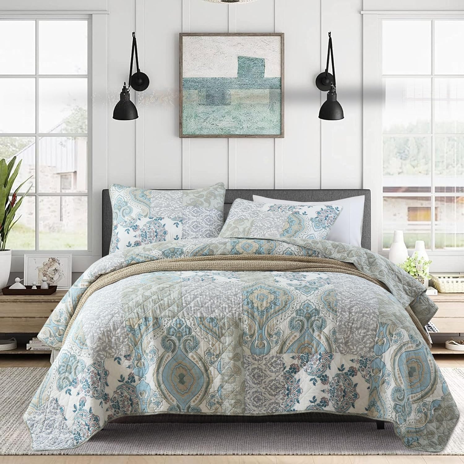 Secgo Queen Comforter Set for Bed - 100% Cotton Quilts Queen Size, Green, Sage Bedspreads (90 * 98 Inch) with 2 Pillow Shams, Patchwork Reversible Lightweight Bedding - Image 29