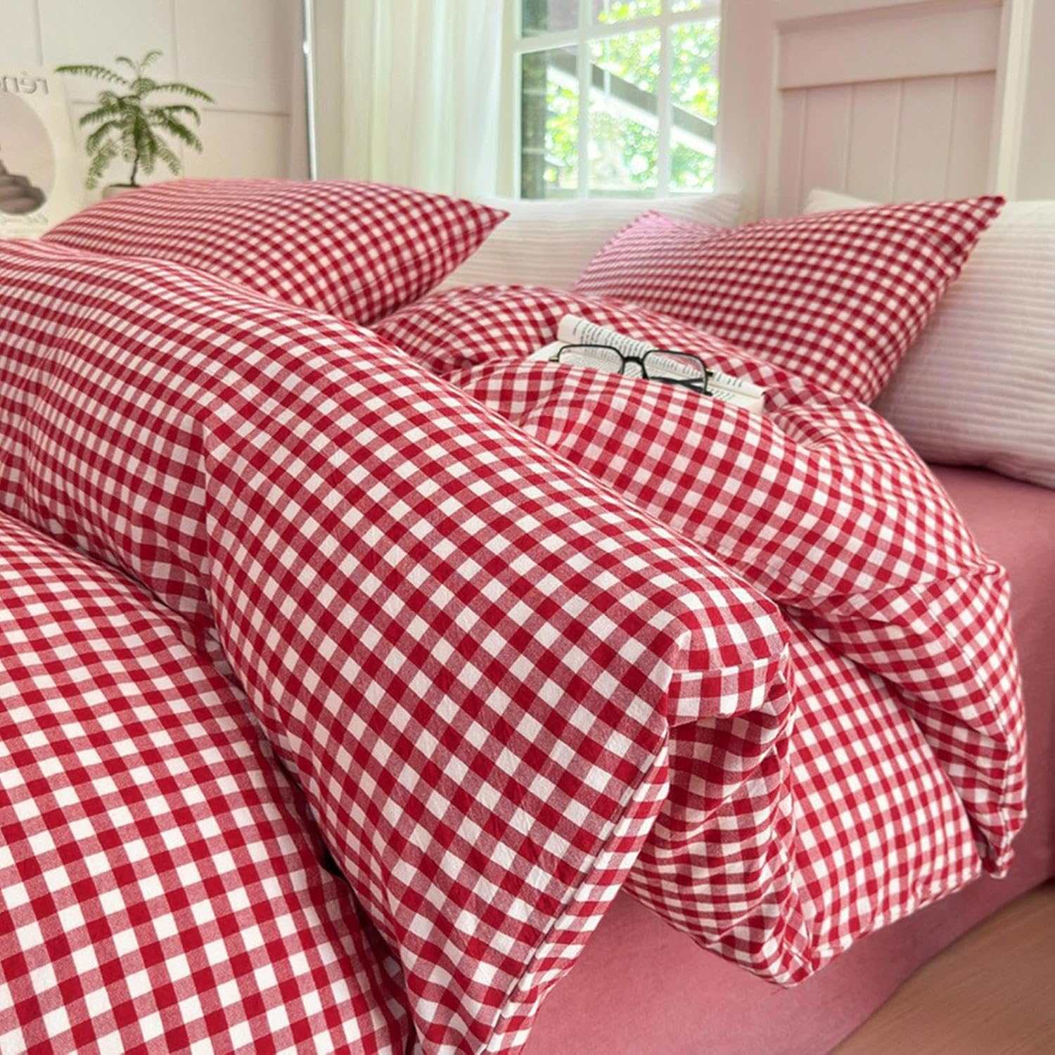 LifeTB Queen Comforter Set Tan Gingham Comforter Modern Style Beige Plaid Comforter Set 3 Pieces Fluffy Grid Checkered Comforter with 2 Pillowcases Boho Gingham Bedding Set Queen Size - Image 14