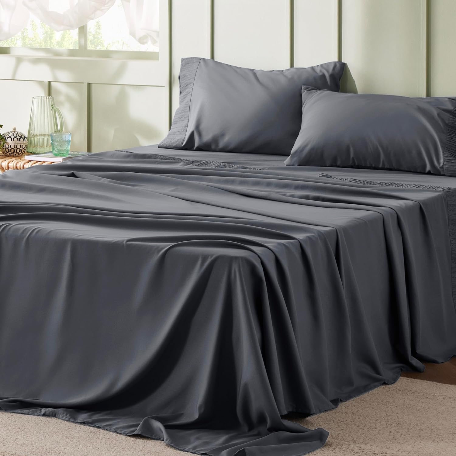 Bedsure Queen Sheet Set - 4 Pieces Soft Queen Size Sheets - Breathable & Cooling - Hotel Luxury - Easy Care Polyester Microfiber Bedding for Women, Men, Dark Grey - Image 9