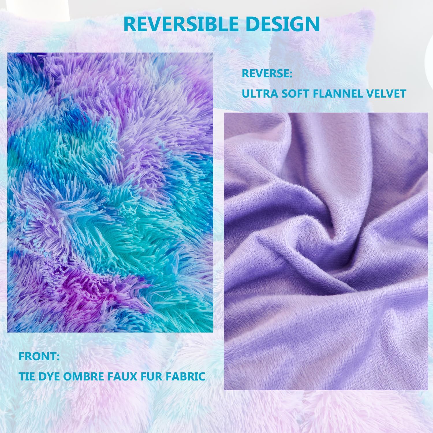 SUCSES Blue Purple Fluffy Twin Bedding Sets for Girls 3Pcs Faux Fur Plush Shaggy Kids Duvet Cover Set Twin Size Tie Dye Velvet Furry Comforter Cover Set - Image 6