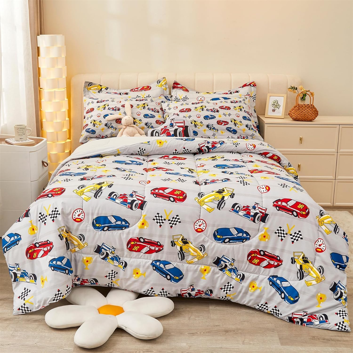 Mooreeke Full Size Comforter Sets for Boys Kids, 8 Pieces Bed in a Bag Racing Car Bedding Comforter Sheet Set with Shams and Decorative Toy Pillow, Ultral Soft Microfiber Kids Bed Set