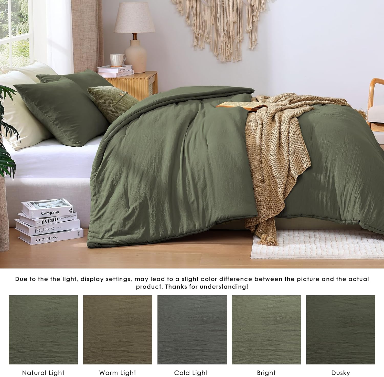 WRENSONGE King Size Comforter Set - 3 Pieces Olive Green Comforter Prewashed Soft Lightweight for All Seasons,Fluffy Down Alternative Comforter King Size with 2 Pillow Shams - Image 4