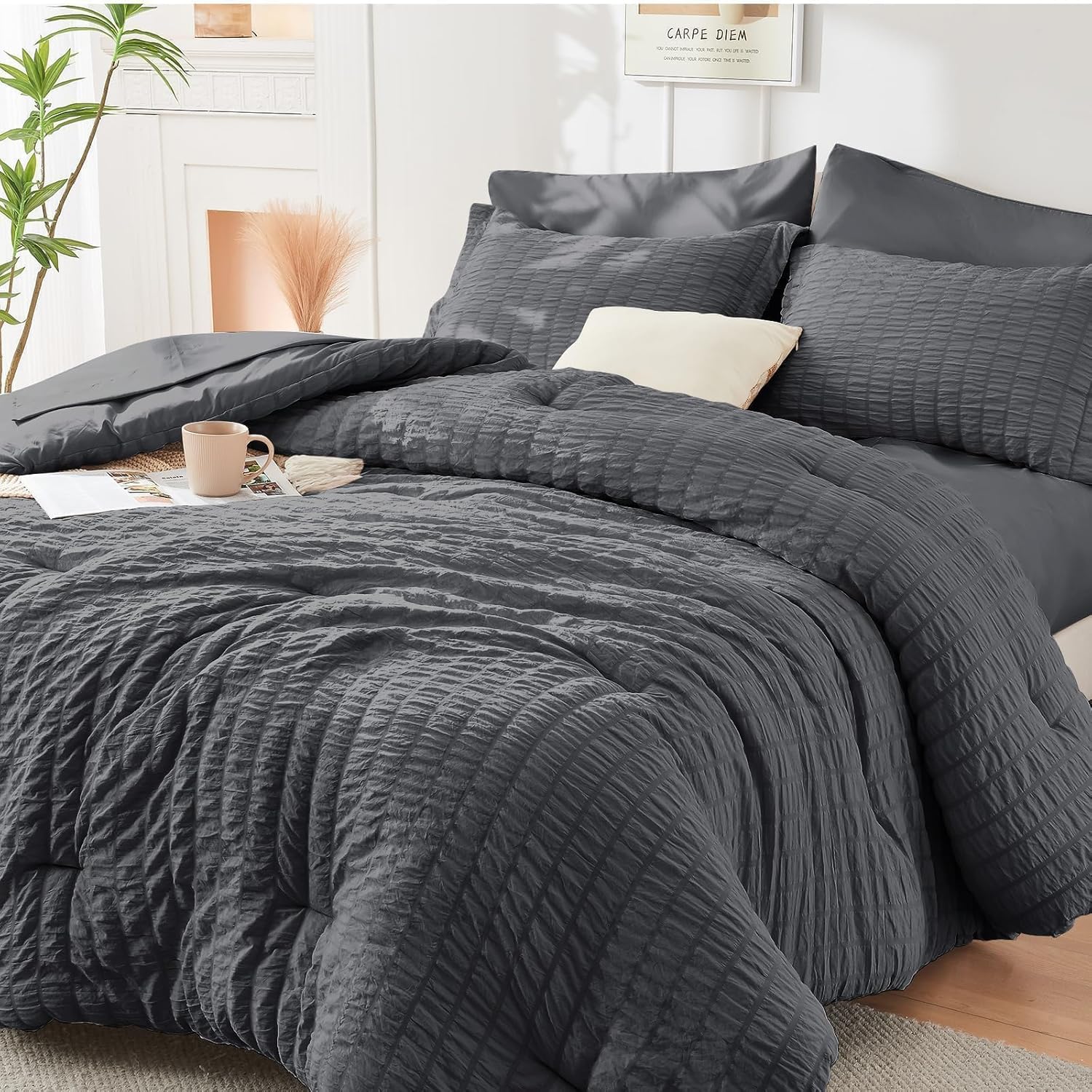 HYMOKEGE Queen Comforter Set Seersucker 7 Pieces, All Season Luxury Bed in a Bag for Bedroom, Bedding Set with Comforters, Sheets, Pillowcases & Shams, Dark Grey - Image 47