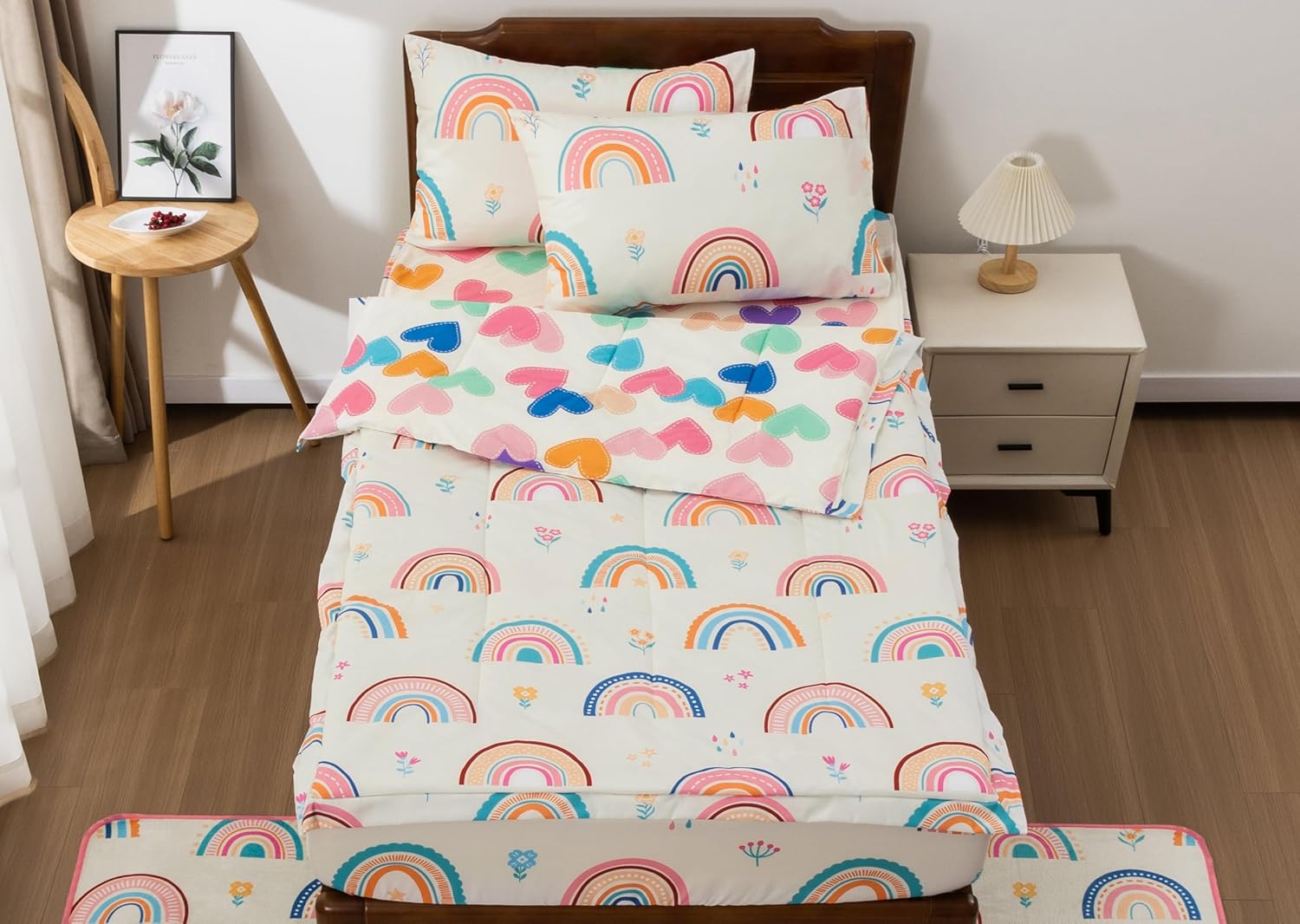 Meeting Story 3pcs Kids Comforter Sets Zipper Bedding Set for Girls,Twin Kid Bedding Set Rainbow Comforter Flower Bedding for Kid,All in one Zipper Bedding(Beige,Twin) - Image 2