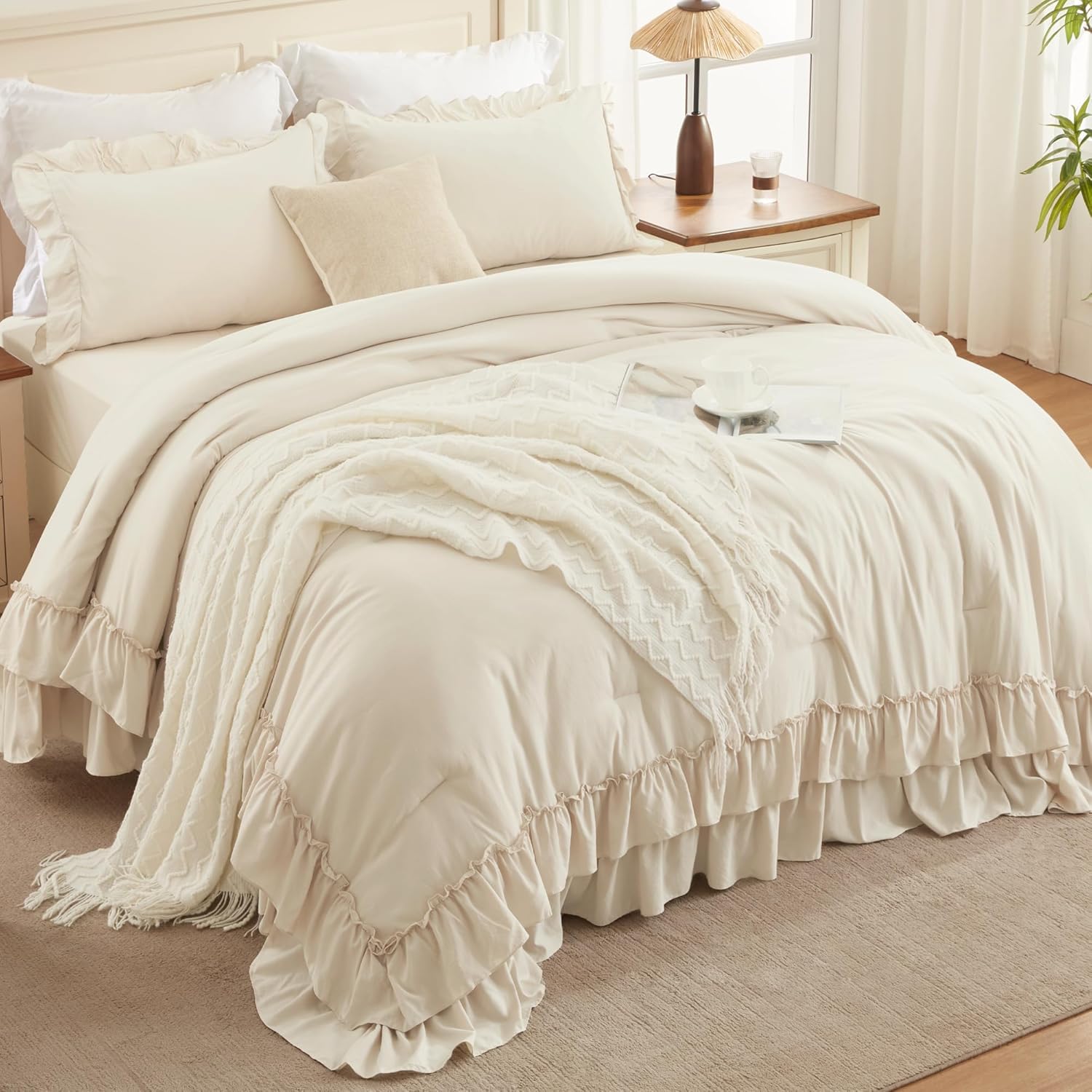 Andency Beige Full Size Comforter Set, 3 Pieces Farmhouse Shabby Chic Ruffle Comforter, Soft Lightweight Fluffy All Season Microfiber Bedding Comforter Set for Kids, Girls, Women - Image 2