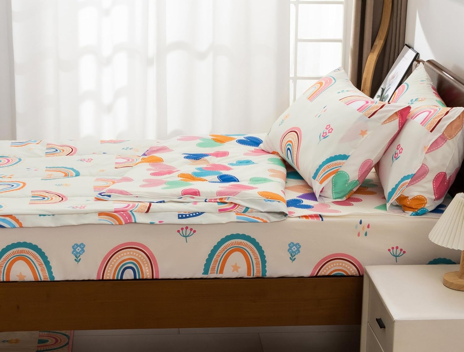 Meeting Story 3pcs Kids Comforter Sets Zipper Bedding Set for Girls,Twin Kid Bedding Set Rainbow Comforter Flower Bedding for Kid,All in one Zipper Bedding(Beige,Twin) - Image 3