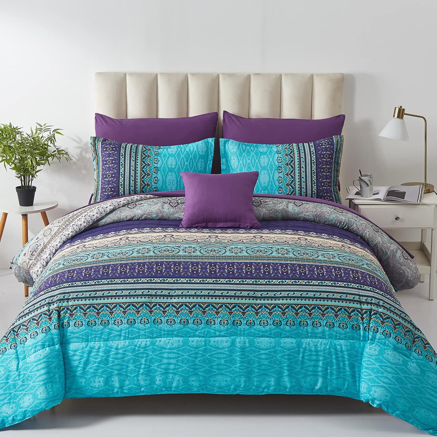 Cottolester Boho Comforter Set Full Size 8 Piece Bed in a Bag Bohemian Striped Bedding Quilt Set Aqua Paisley Floral Comforter and Sheet Set,Soft Microfiber Complete Bedding Sets for All Season - Image 21
