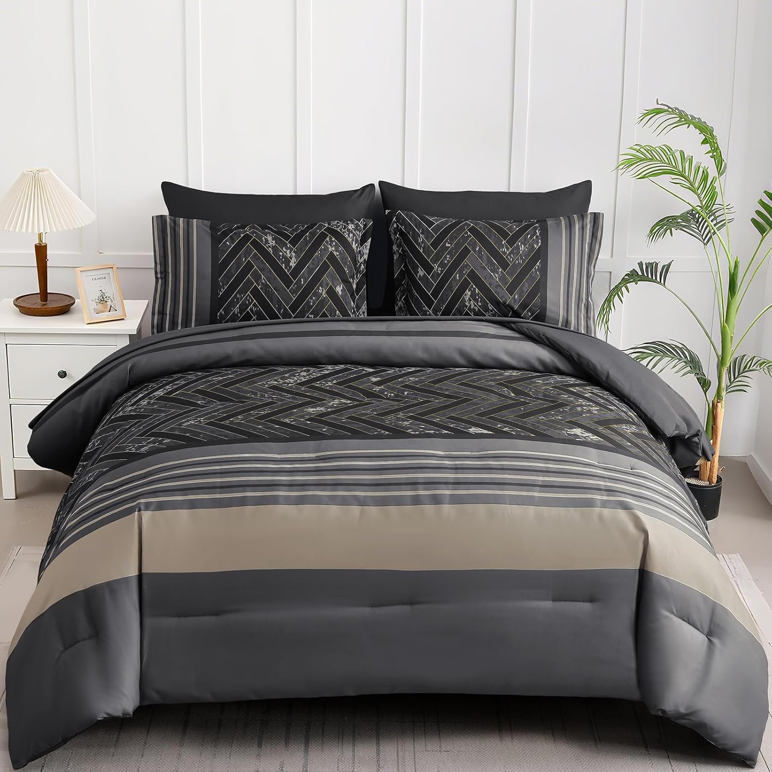 Luxudecor Burgundy Comforter Set Queen Size 7 Pieces Red and Black Stripe Bed in a Bag Geometric Comforter and Sheet Set, Soft Microfiber Complete Bedding Sets for All Seasons - Image 13