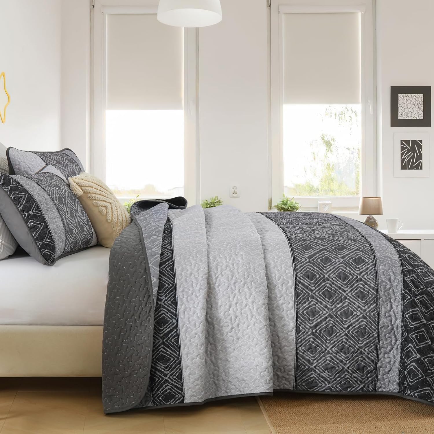 Cottolester Boho Quilt Set King Size 3 Pieces,Grey Striped Plaid Bedspread,Soft Microfiber Bedding Set with 2 Pillow Shams 110"x90" - Image 4