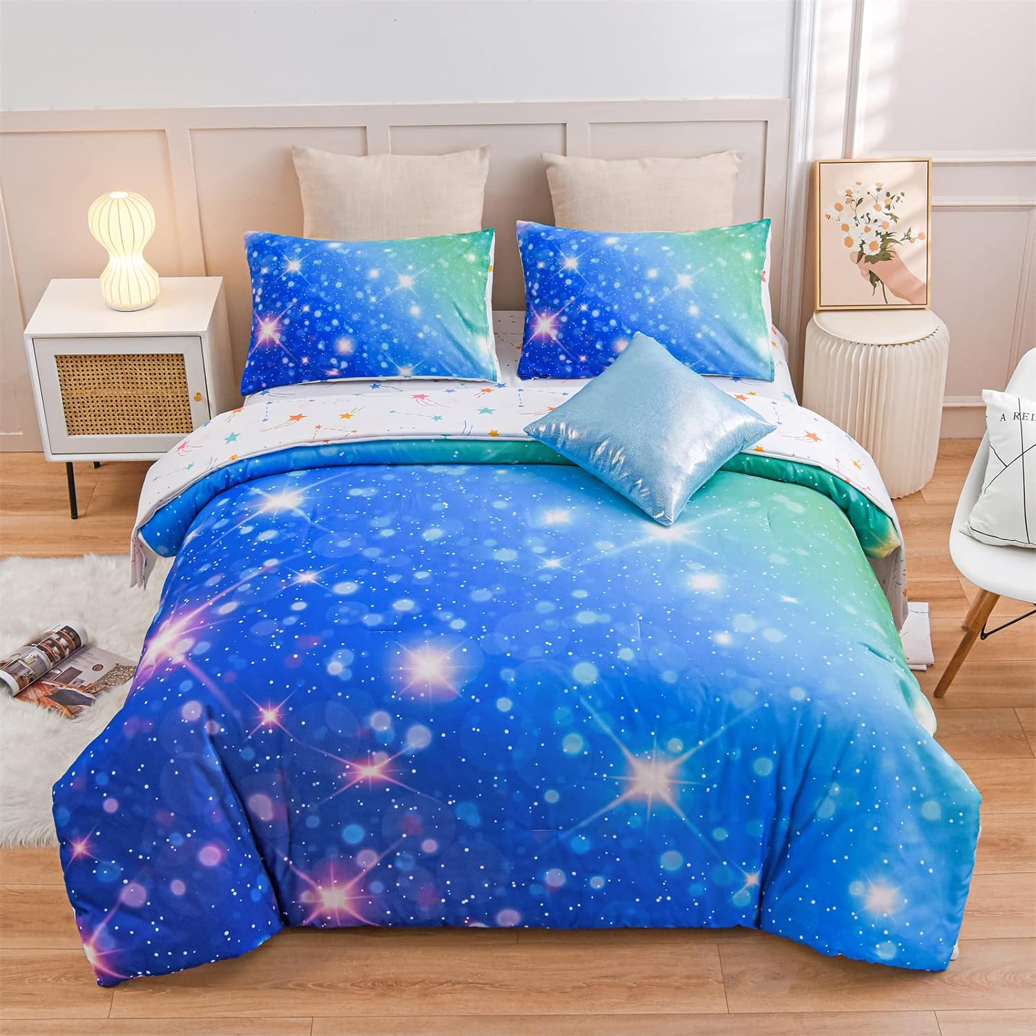 A Nice Night 6Pcs Gradient Glitter Bedding Set for Girls Full Size, Colorful Rainbow Galaxy Comforter Set, Ultra Soft Bedding Sets, Pink - Image 8