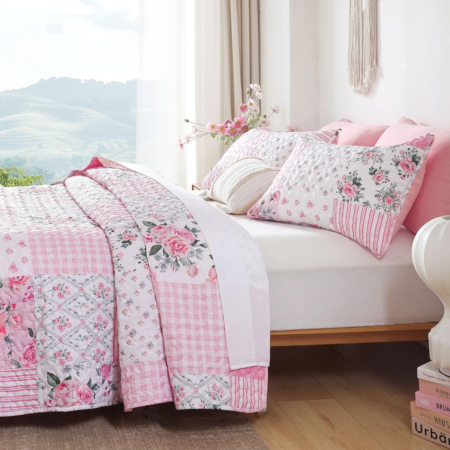 YIKUSH Quilt Sets Queen Size Floral Quilt Set 3 Pieces Bedding Set Bedspreads Pink Comforter Blanket with 2 Pillow Cases- Ultra Soft Floral Coverlet with Printed Pattern 90in.x 90in - Image 2