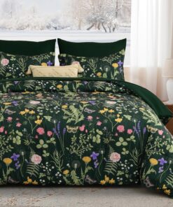 Yiran Queen Comforter Set 7 Piece, Dark Green Floral Bedding Set, Bed in a Bag Queen with Botanical Flowers Patterns, Soft Microfiber Complete Bedding Set with Sheets for All Season
