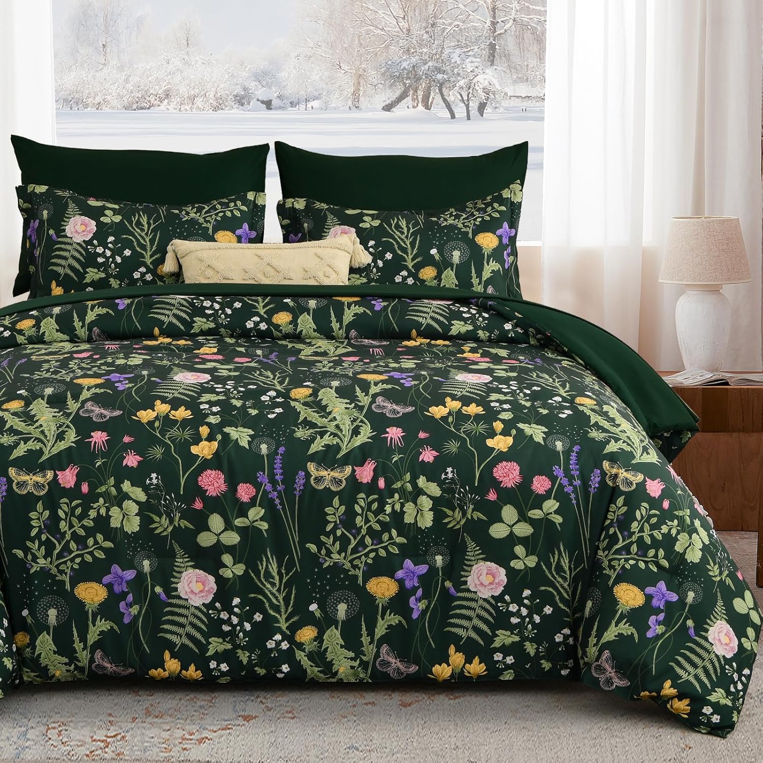 Yiran Queen Comforter Set 7 Piece, Dark Green Floral Bedding Set, Bed in a Bag Queen with Botanical Flowers Patterns, Soft Microfiber Complete Bedding Set with Sheets for All Season