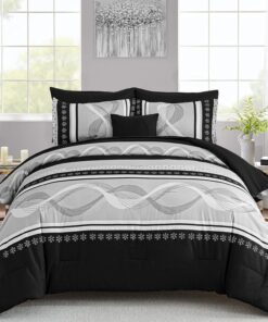 Anibedding Black Comforter Set Queen Size,8 Pieces Boho Bed in a Bag Patchwork Striped Comforter Set, Soft Microfiber Bedding Set for All Season(90"×90")