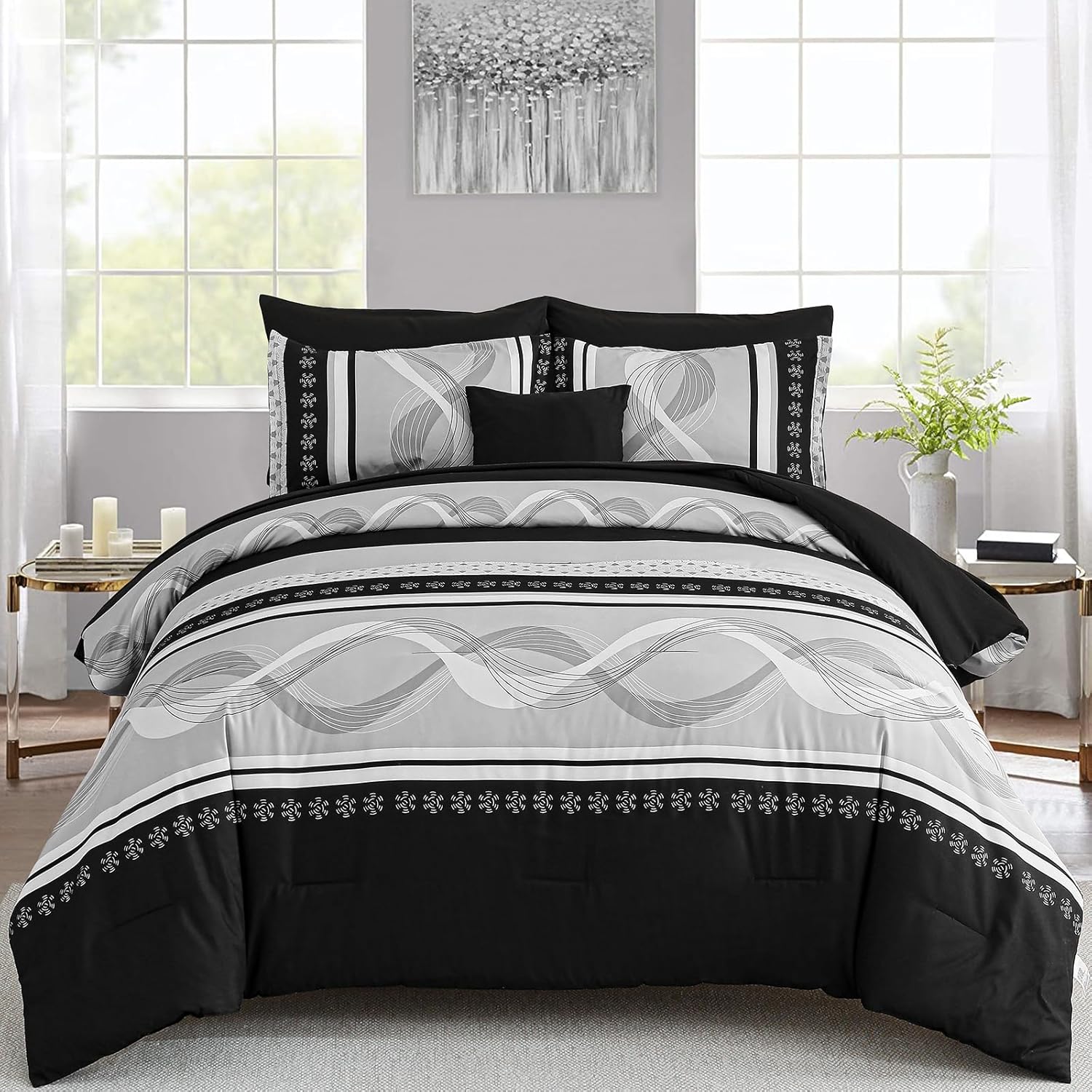 Anibedding Black Comforter Set Queen Size,8 Pieces Boho Bed in a Bag Patchwork Striped Comforter Set, Soft Microfiber Bedding Set for All Season(90"×90")