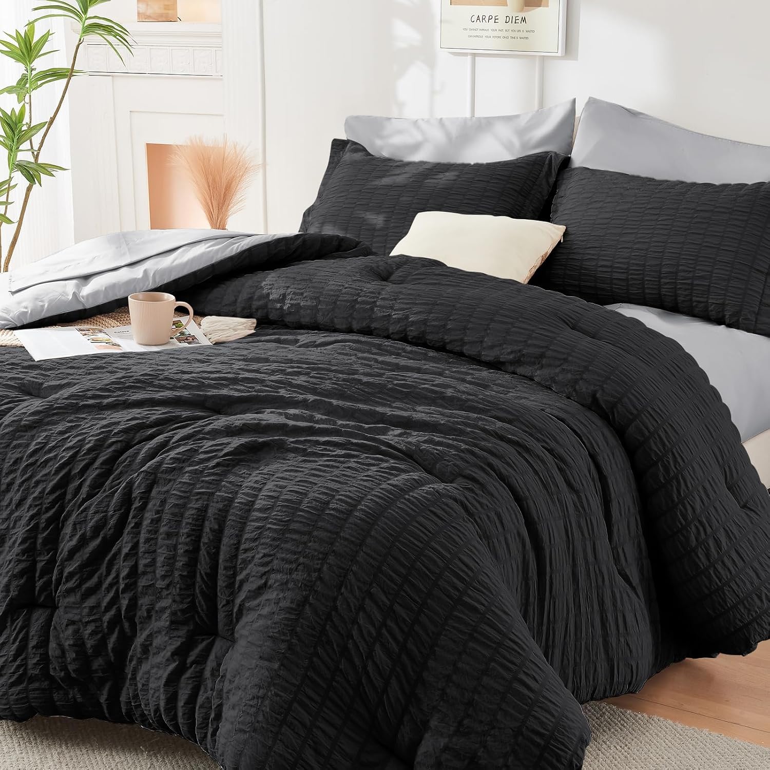 HYMOKEGE Queen Comforter Set Seersucker 7 Pieces, All Season Luxury Bed in a Bag for Bedroom, Bedding Set with Comforters, Sheets, Pillowcases & Shams, Dark Grey - Image 81