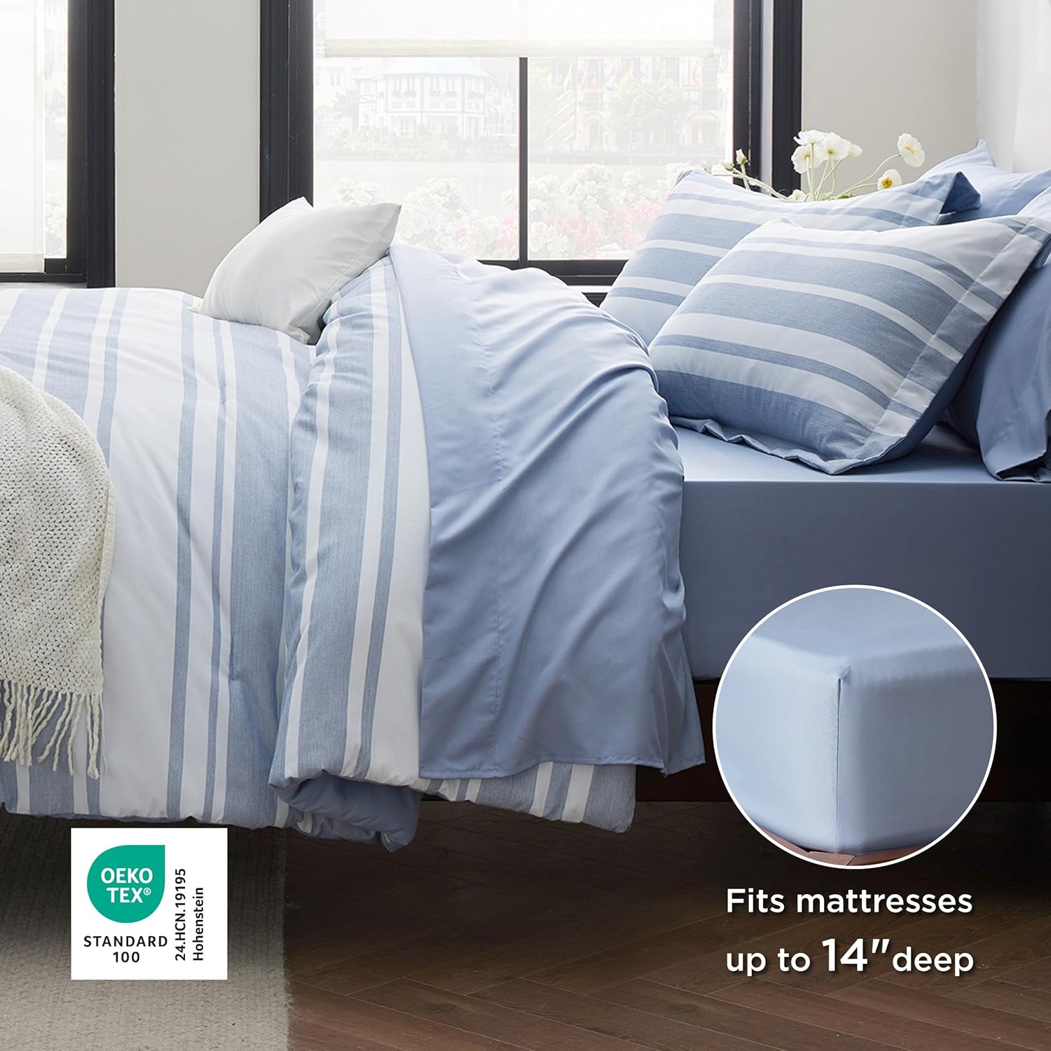 Bedsure Queen Comforter Set 7 Pieces, Blue Striped Bedding Set for All Seasons, Reversible, Cationic Dyeing Bed in a Bag with Comforter, Sheets, Pillowcases & Shams - Image 5