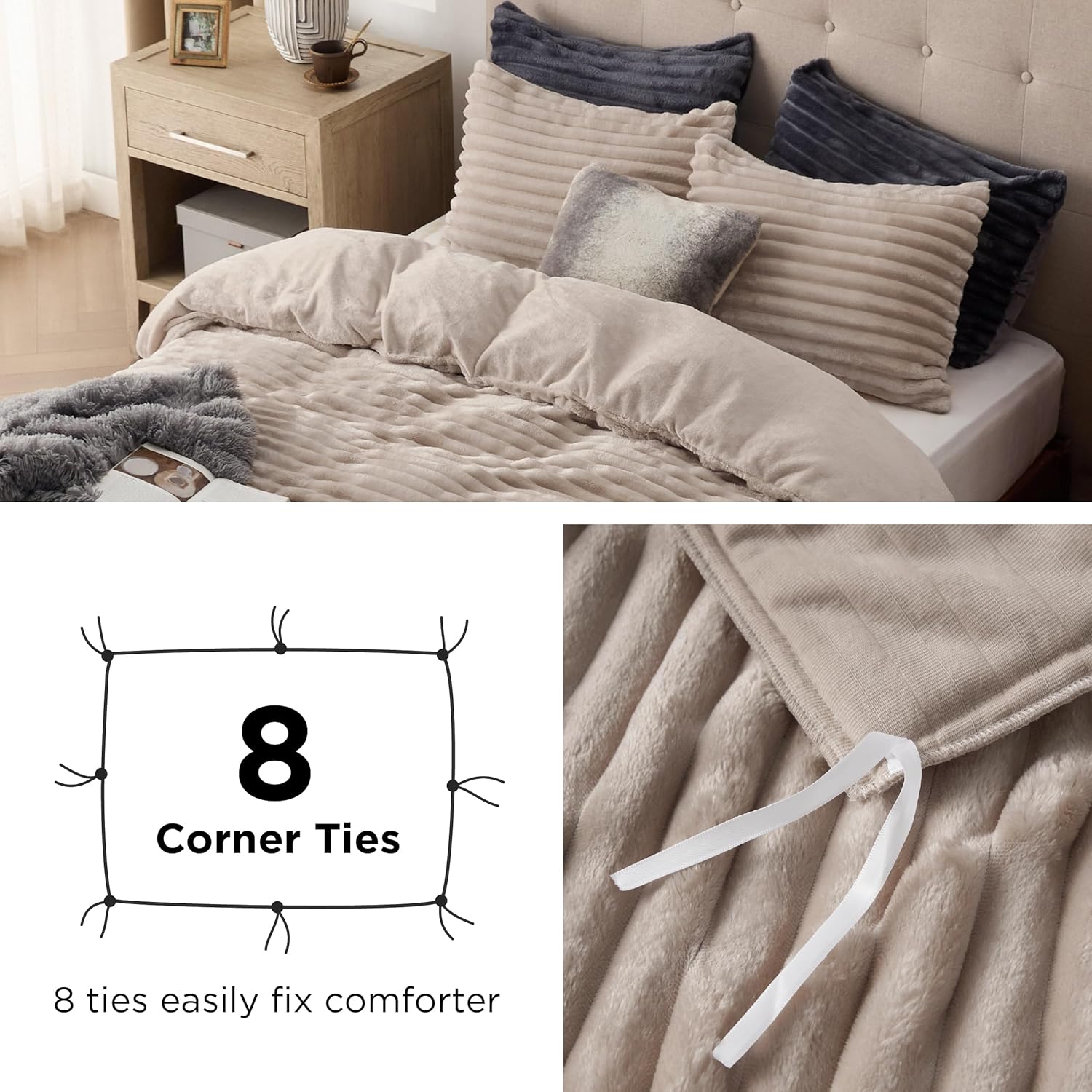 Bedsure Fluffy Duvet Cover Set - Ultra Soft Plush Shaggy Comforter Cover King Size, Warm Flannel Fleece Bed Sets for Winter, 3 Pieces (Striped Pattern, Khaki) - Image 5