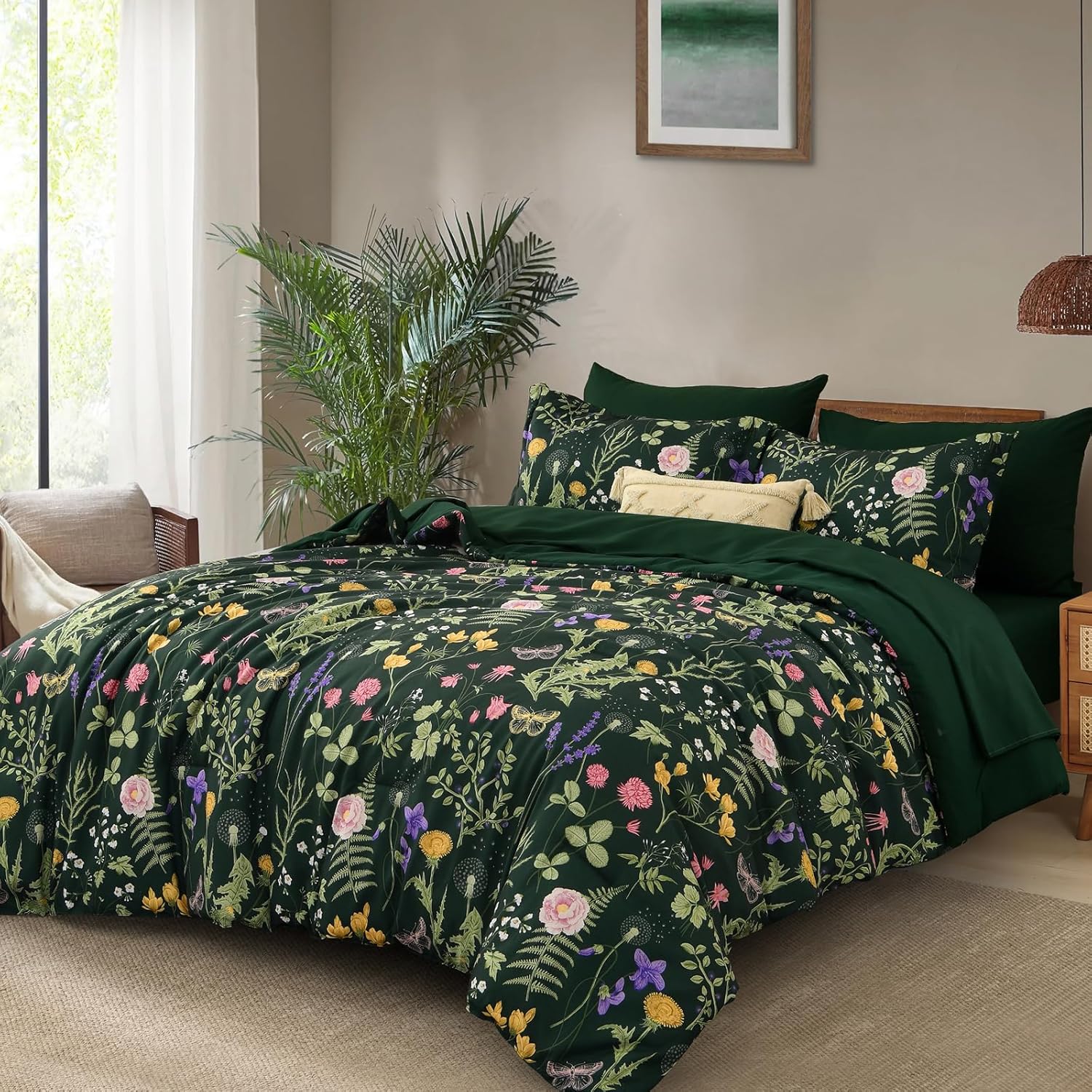 Yiran Queen Comforter Set 7 Piece, Dark Green Floral Bedding Set, Bed in a Bag Queen with Botanical Flowers Patterns, Soft Microfiber Complete Bedding Set with Sheets for All Season - Image 2