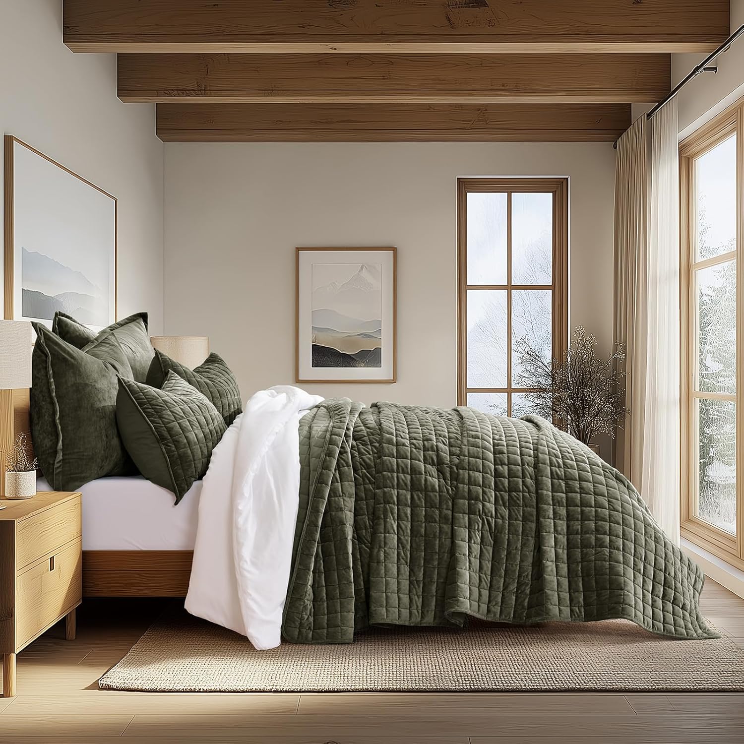 RECYCO Luxury Velvet Quilt Set King Size Bedding Sets, Ultra Soft Velvet Comforter Set, Lightweight Channel Box Stitch Oversized Bedspread Coverlet for All Season, with 2 Shams, Beige - Image 16