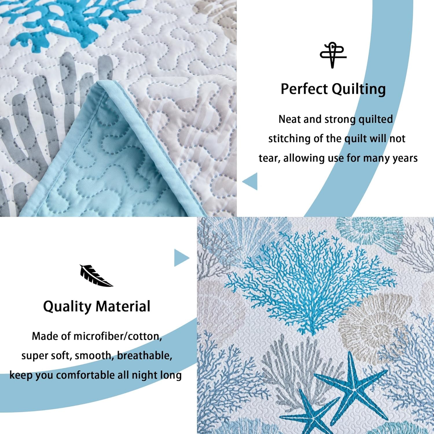 Tritard 3 Piece Coastal Quilt Sets Full/Queen Size - Reversible Microfiber Quilts with 2 Shams Soft Lightweight Beach Bedding Nautical Bedspread Coverlet Summer Comforter for All Season, 90''x96'', C1 - Image 3