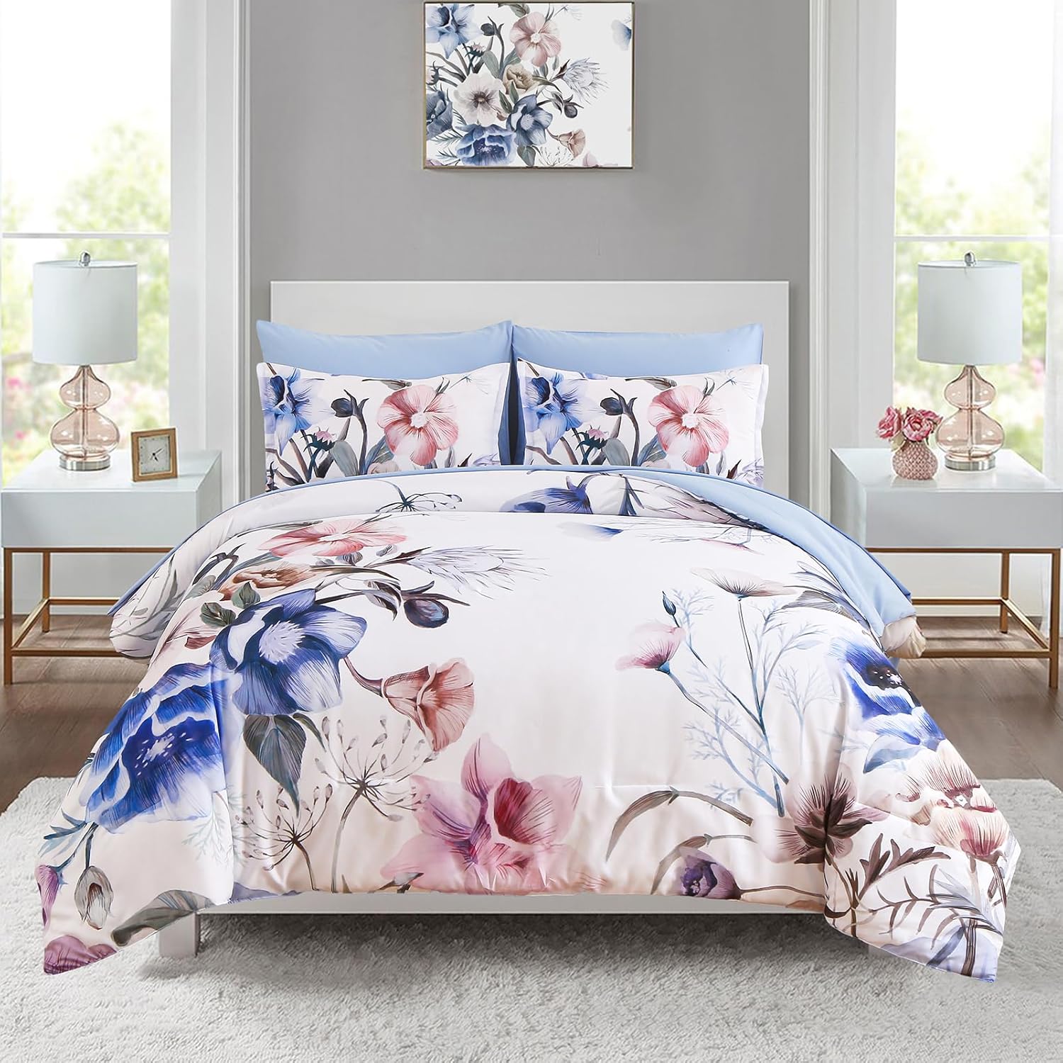 Luxudecor Floral Comforter Set Queen Size 7 Piece, Purple Flower Bed in a Bag, Elegant Floral Comforter with Sheet Set, Soft Microfiber Bedding Set for All Season (Purple, 90"x90") - Image 13