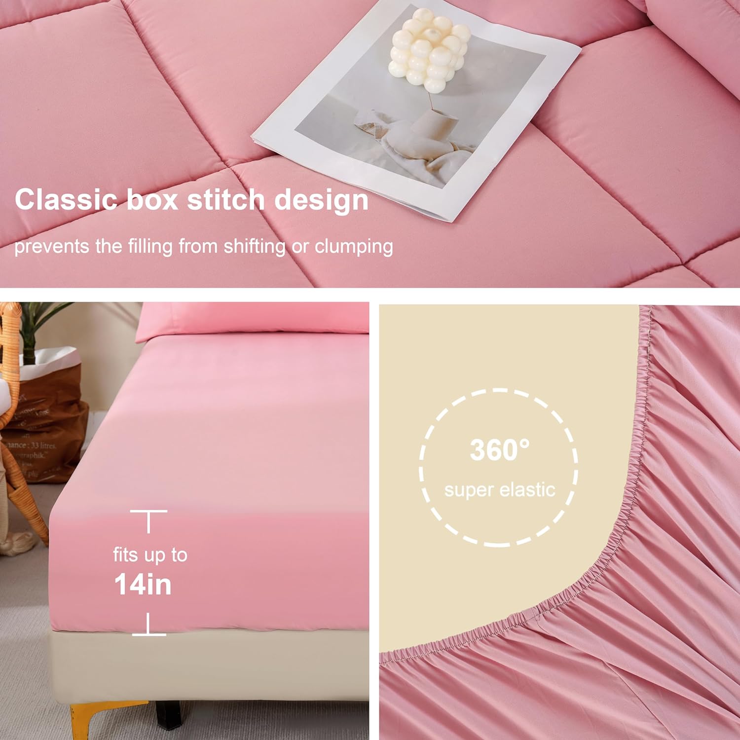DOWNCOOL Full Size Comforter Sets, 7Pcs Full Size Bedding Sets Pink, All Season Down Alternative Bedding Comforter Sets with Comforter, Flat Sheet, Fitted Sheet, 2 Pillow Shams & 2 Pillowcases - Image 4
