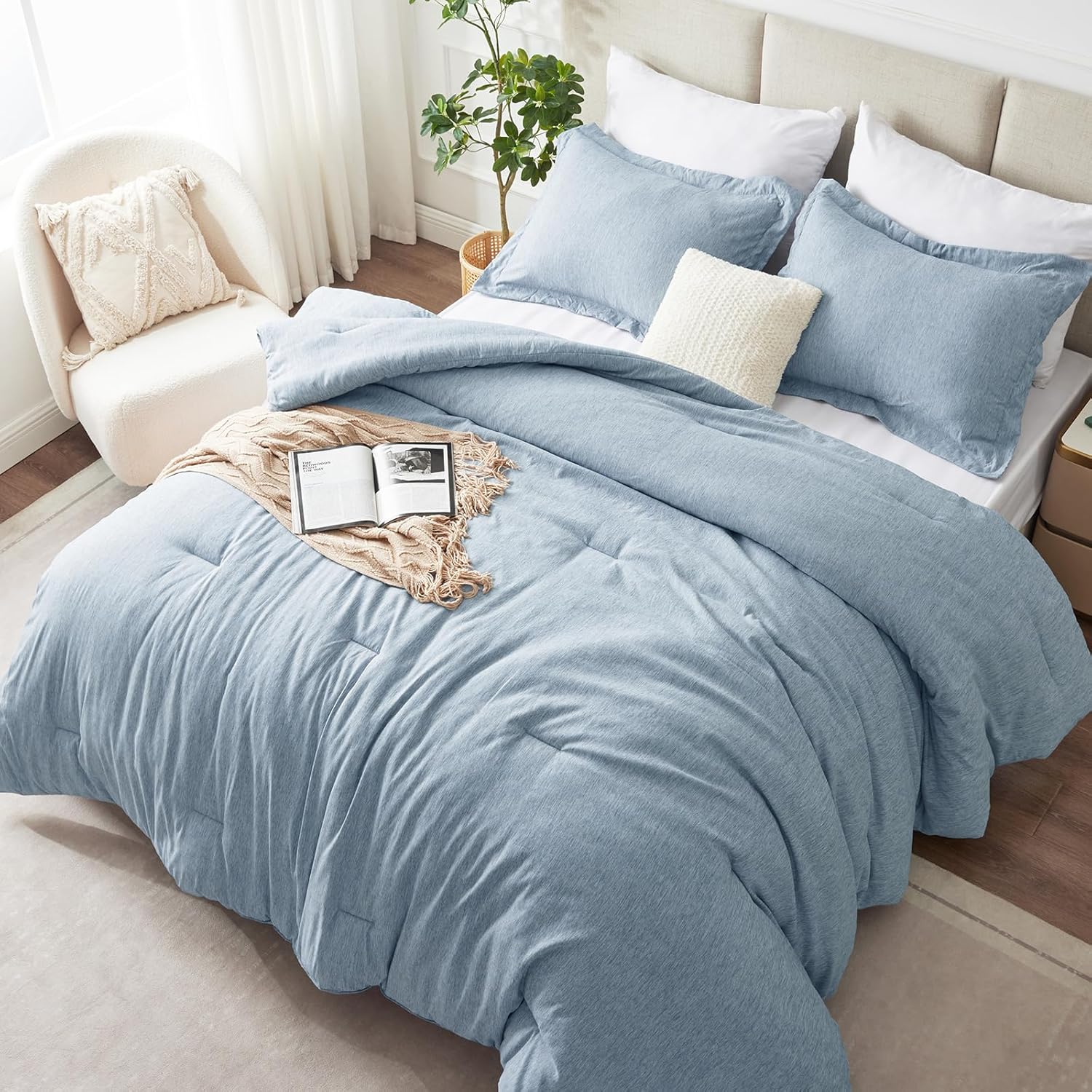 CozyLux Queen Comforter Set - 3 Pieces Light Grey Soft Luxury Cationic Dyeing Queen Comforter for All Season, Light Gray Breathable Lightweight Fluffy Bedding Sets with 1 Comforter and 2 Pillow Shams - Image 8