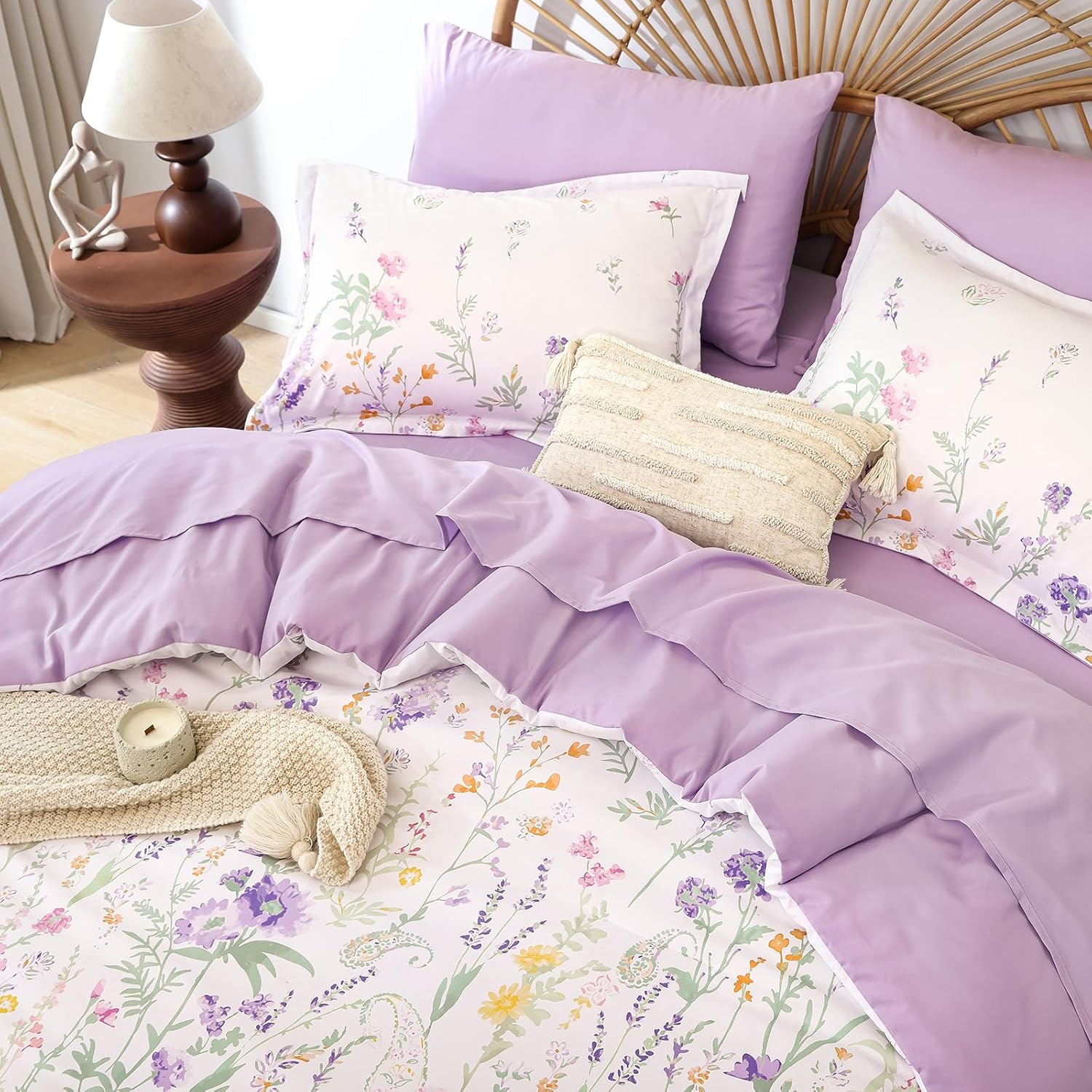 Yiran Purple Watercolour Floral Comforter Set Queen Size, 7 Piece Cute Botanical Lavender Comforter Bedding Set, Bed in a Bag Queen, Soft Microfiber Complete Bedding Set with Sheets for All Season - Image 4