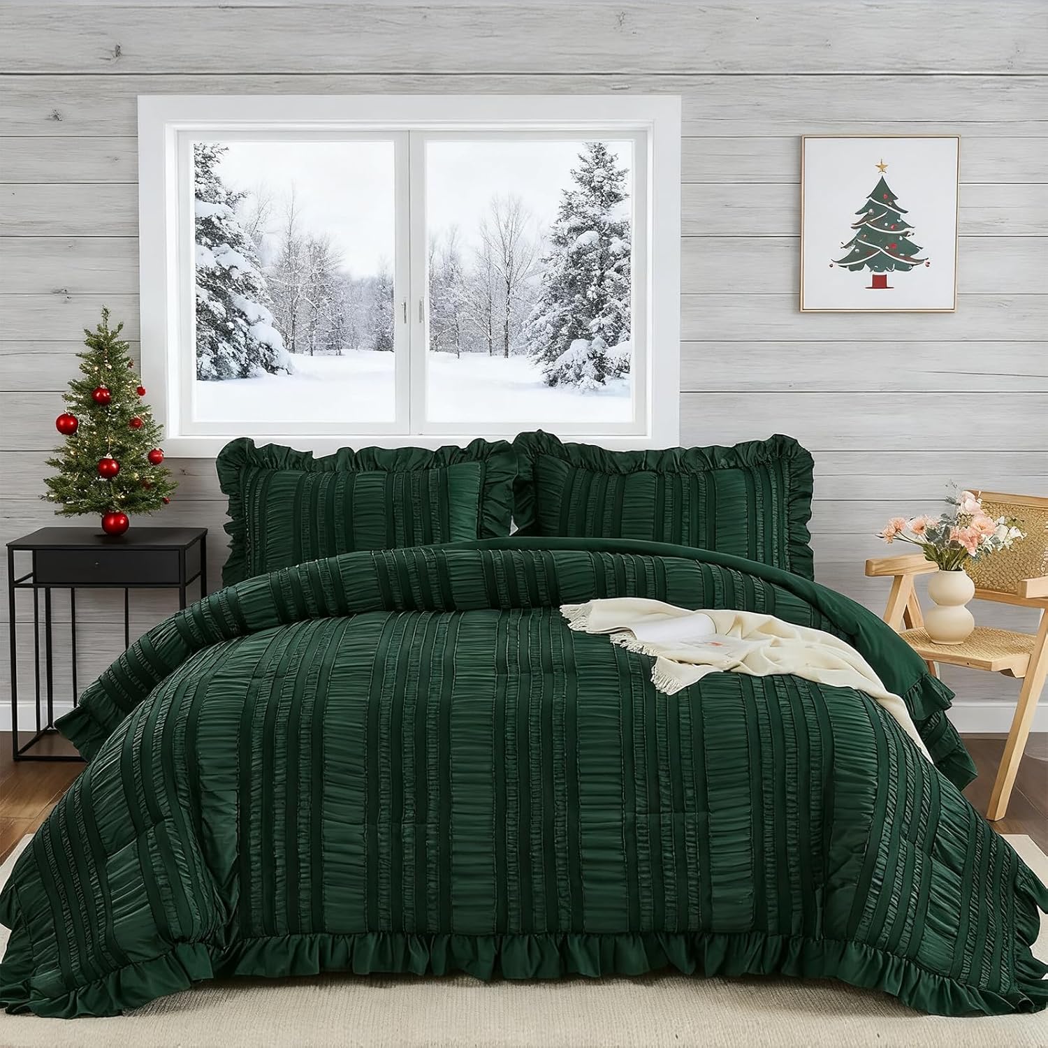 WONGS BEDDING Beige Ruffle Queen Comforter,Boho Shabby Chic Bedding for Queen Bed,Soft Seersucker Farmhouse Bedding Set with 1 Ruffled Comforter,2 Tufted Pillowcases 90"×90" - Image 22